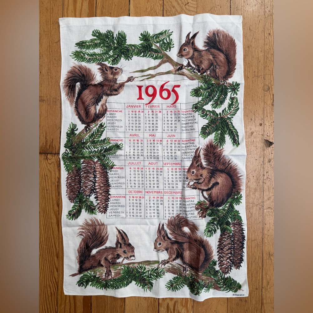 Vintage 1965 Squirrel Calendar Tea Towel